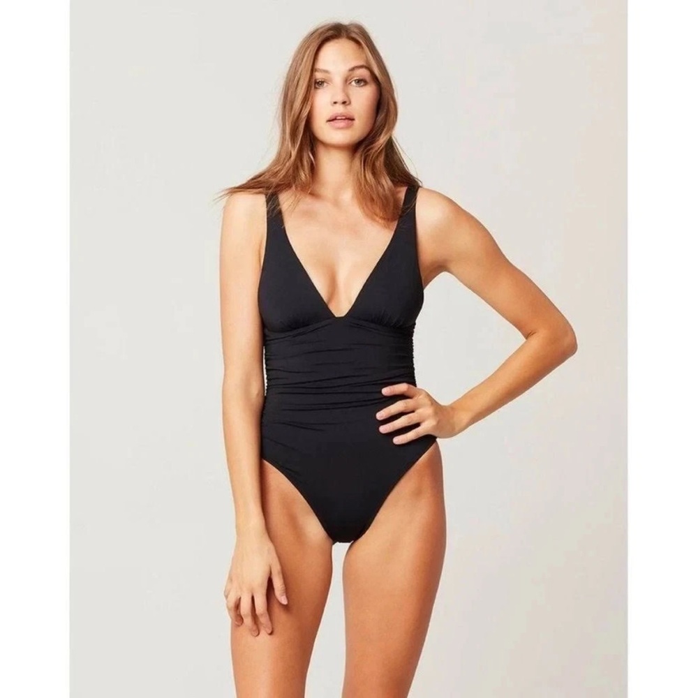 $187 L*Space Sydney Plunge One Piece Swimsuit Black Ruched Tummy Contour 12